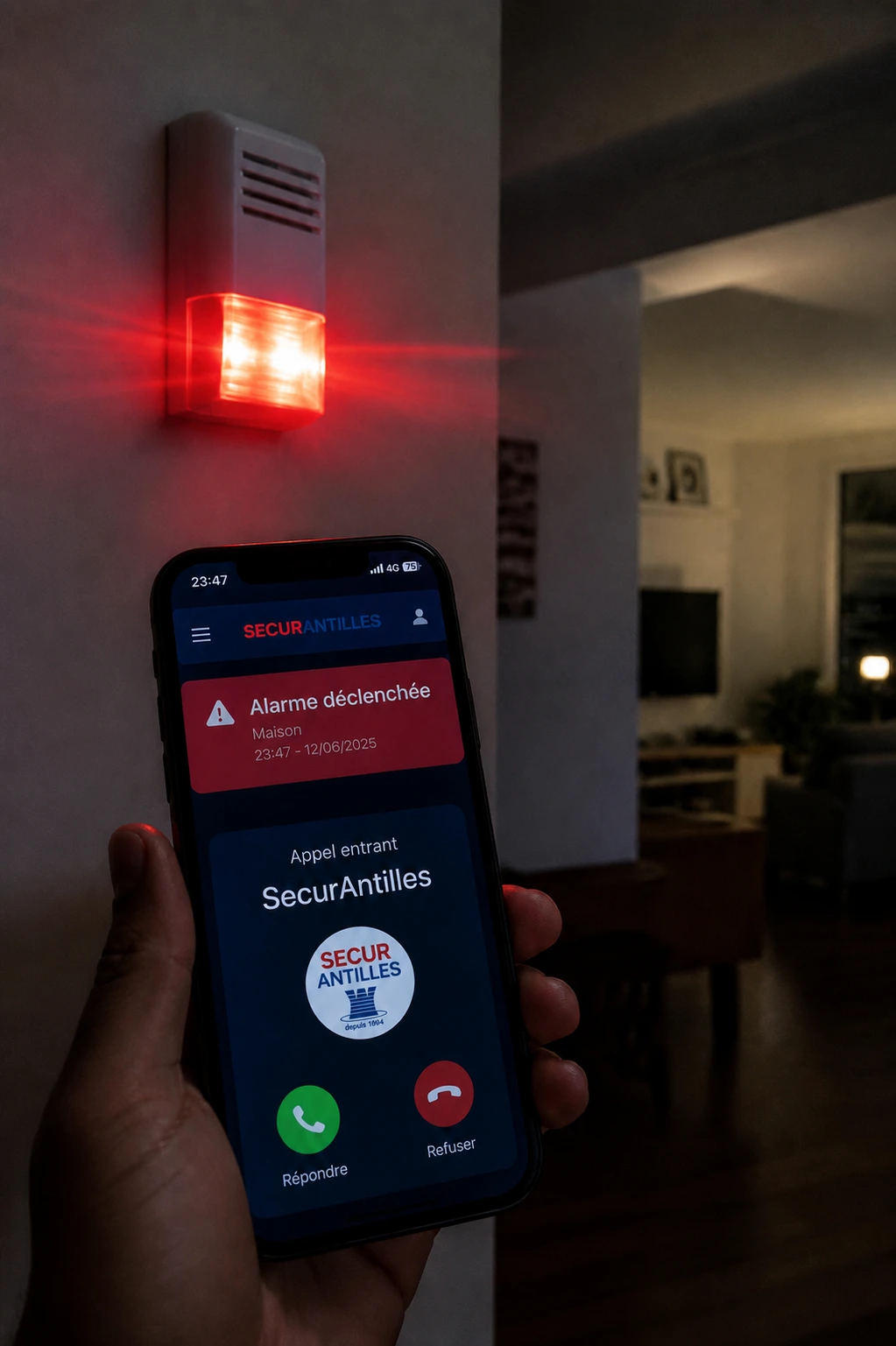 Alarme déclenchée avec notification SecurAntilles sur smartphone