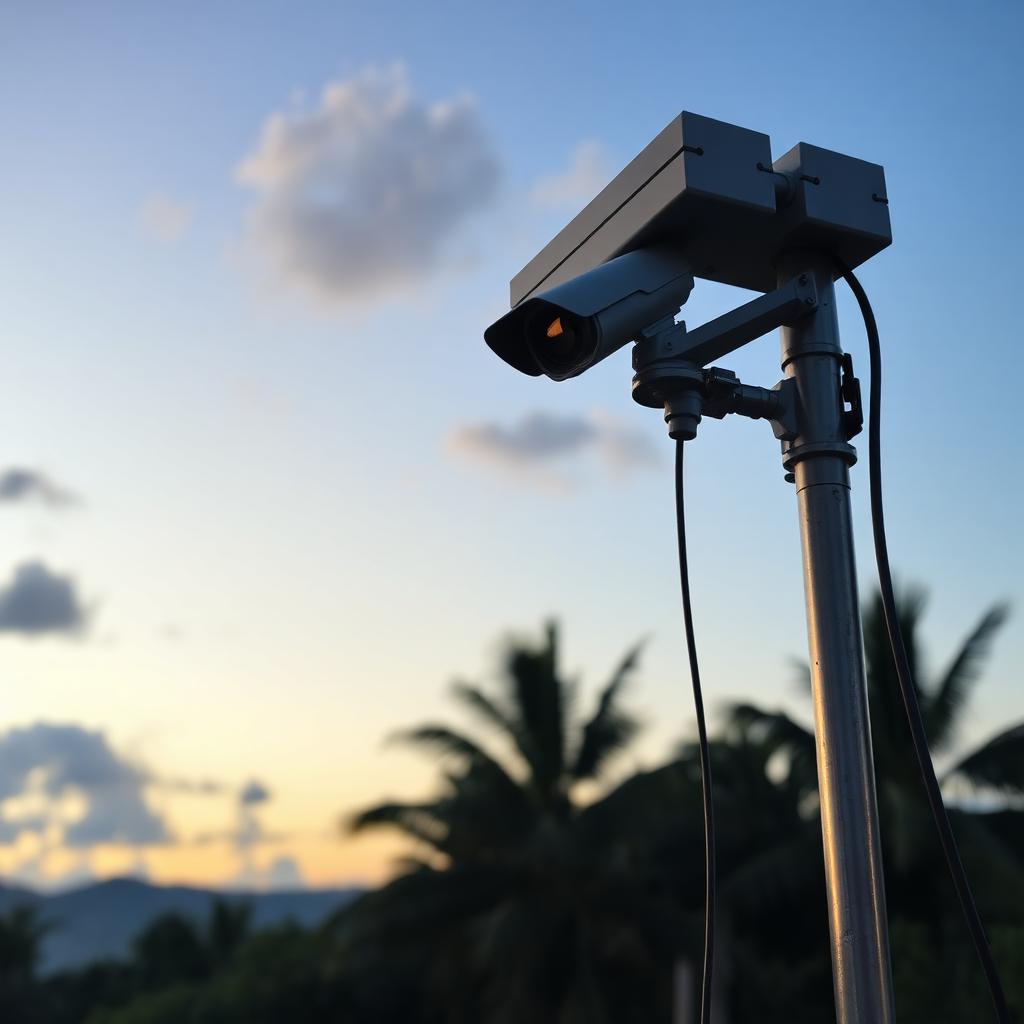 Caméra de surveillance temporaire installée sur un mât en bord de chantier martiniquais au crépuscule