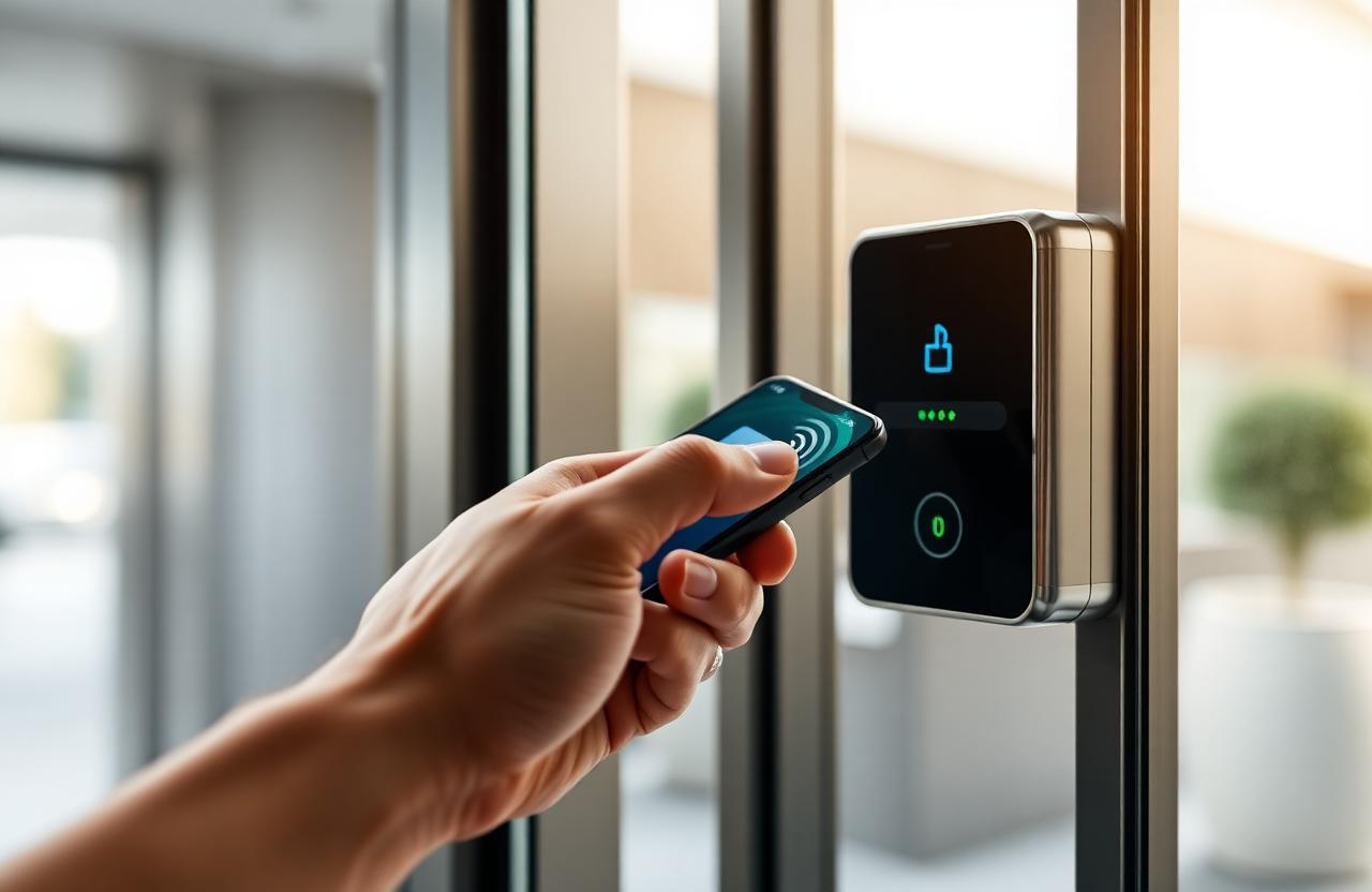 Smartphone déverrouillant un lecteur de contrôle d'accès moderne par NFC
