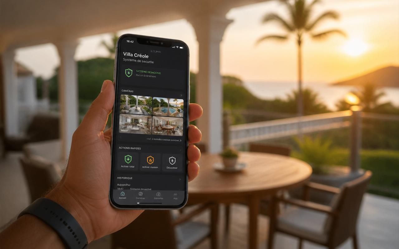 Smartphone affichant une application de sécurité domotique devant une villa créole martiniquaise au crépuscule