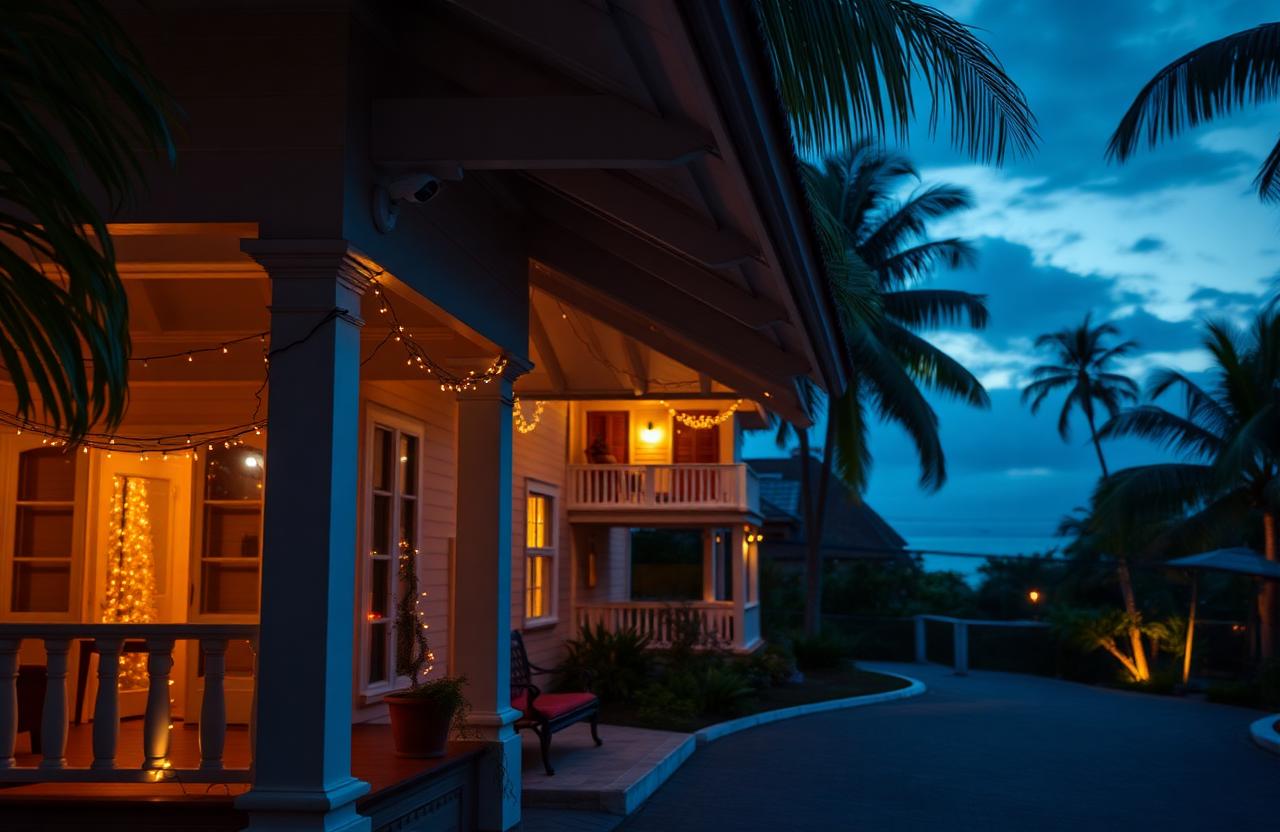Villa créole en Martinique illuminée pour les fêtes avec une caméra de surveillance discrète sous la toiture