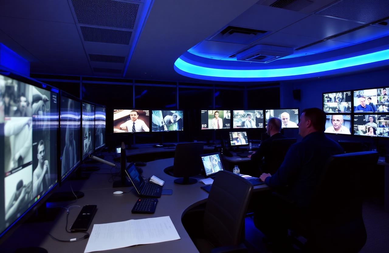 Opérateurs d'un centre de télésurveillance surveillant des écrans de vidéosurveillance la nuit