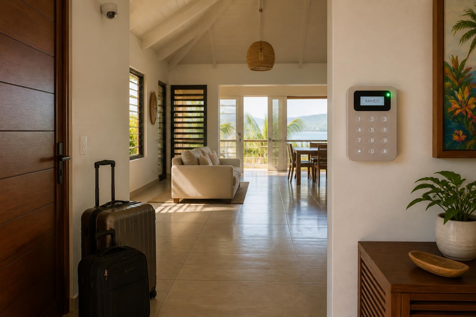 Maison martiniquaise vide pendant les vacances avec système d'alarme armé visible