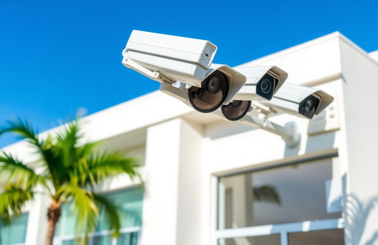 Caméras de vidéosurveillance professionnelles installées sur un commerce à Fort-de-France