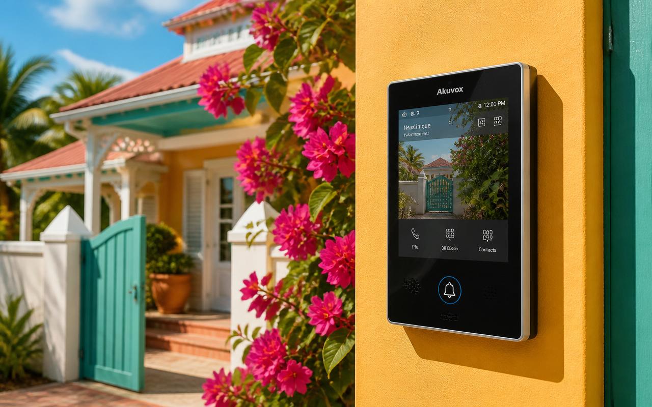 Visiophone tactile moderne installé sur le mur d'une villa créole en Martinique